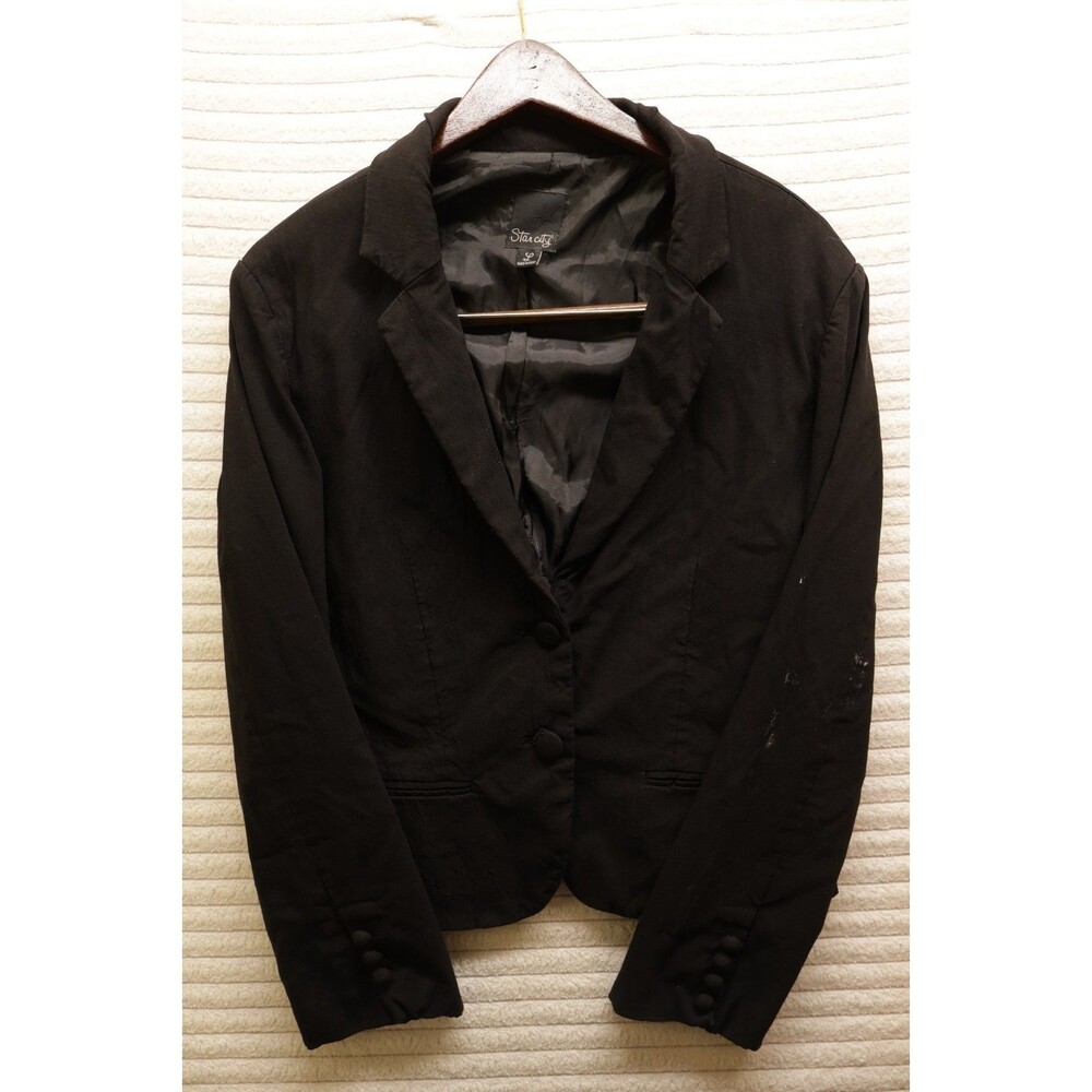 Star City Women's Black Blazer Size L Button Distressed Short Nylon Flawed